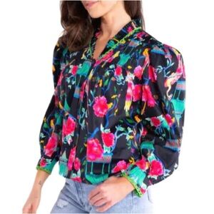 Alden Adair Oliver Top Pagoda Pattern Long Sleeve Top Blouse